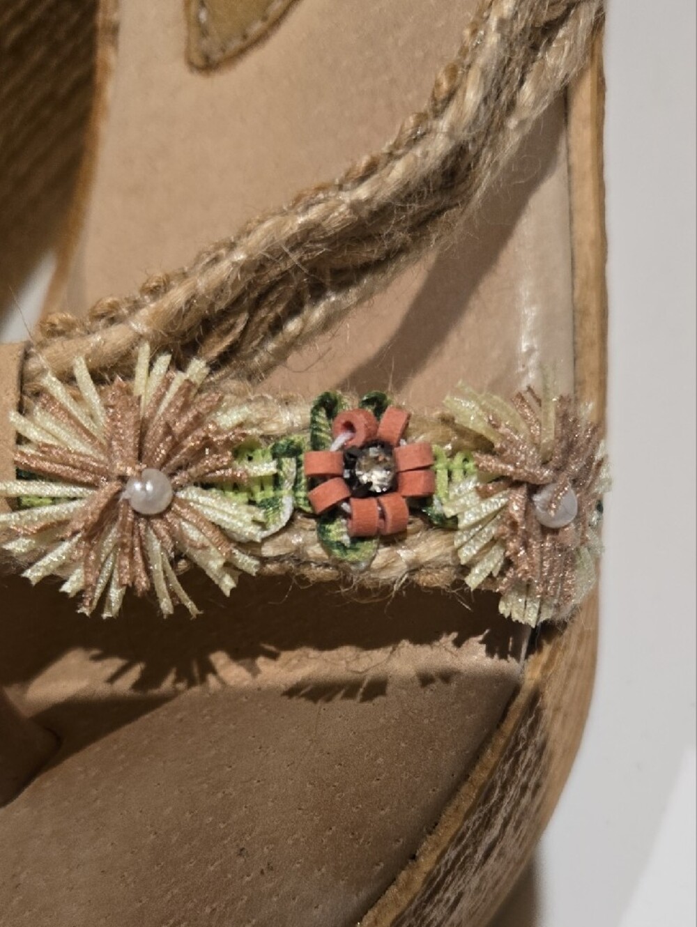 Sbicca Tan Rope Wedge Sandals with Floral Embellishments - Picture 8 of 9